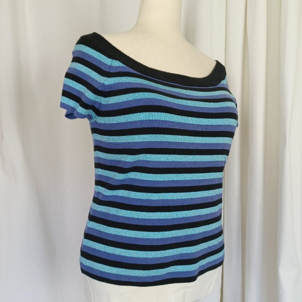 Vintage 90s Silk Blend Striped Knit Off-Shoulder Sweater Top
